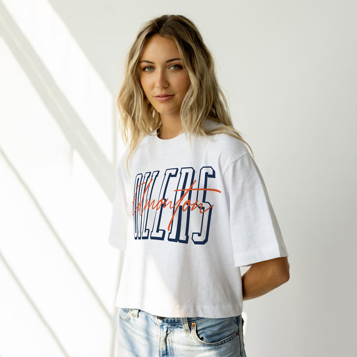 Edmonton Oilers Women's Line Change White Elevated Cropped T-Shirt