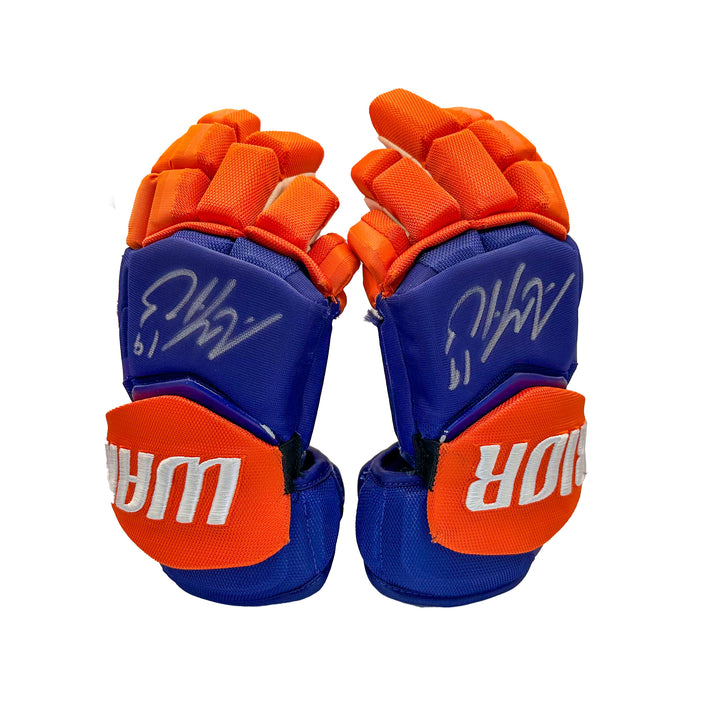 Adam Henrique Edmonton Oilers Signed Practice Worn 2024-25 Warrior Royal Hockey Gloves #22809