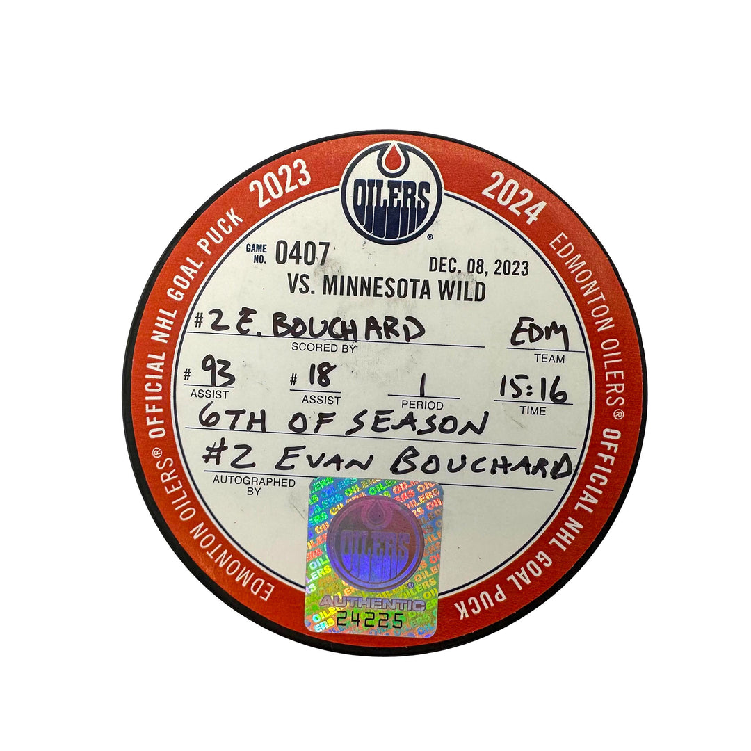 Evan Bouchard Edmonton Oilers Autographed Goal Puck - Dec. 8/2023 vs Minnesota Wild #24225