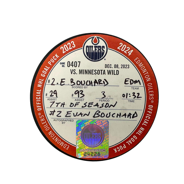 Evan Bouchard Edmonton Oilers Autographed Goal Puck - Dec. 8/2023 vs Minnesota Wild #24228