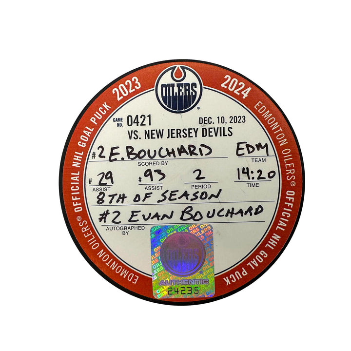 Evan Bouchard Edmonton Oilers Autographed Goal Puck - Dec. 10/2023 vs New Jersey Devils #24235