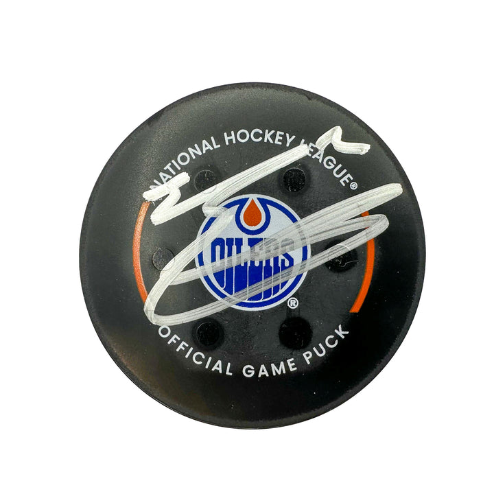 Evan Bouchard Edmonton Oilers Autographed Goal Puck - Dec. 10/2023 vs New Jersey Devils #24235