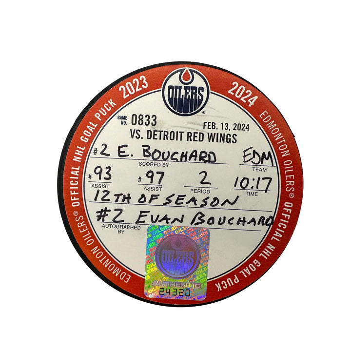 Evan Bouchard Edmonton Oilers Autographed Goal Puck - Feb. 13/2024 vs Detroit Red Wings #24320