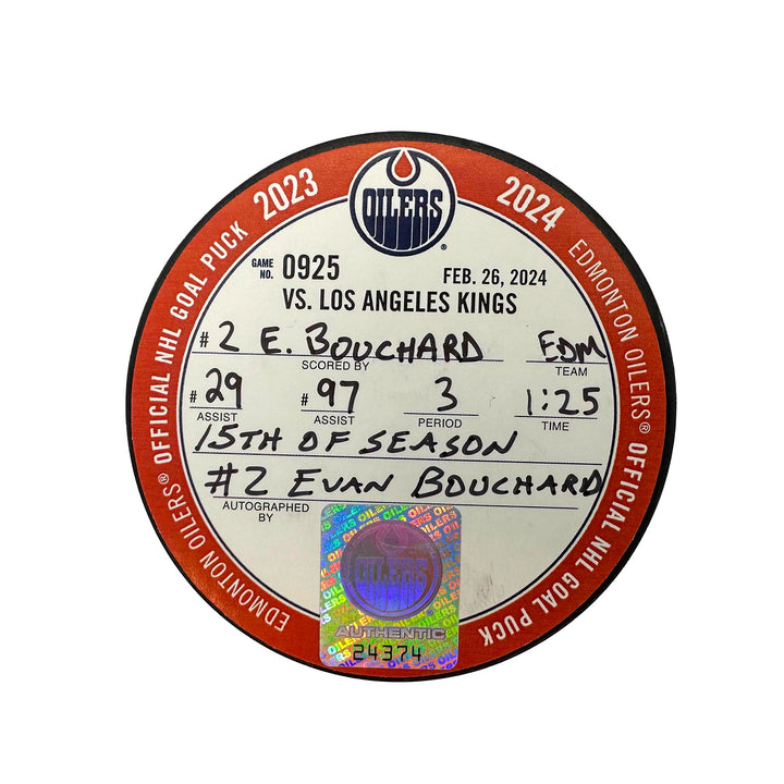 Evan Bouchard Edmonton Oilers Autographed Goal Puck - Feb. 26/2024 vs Los Angeles Kings #24374