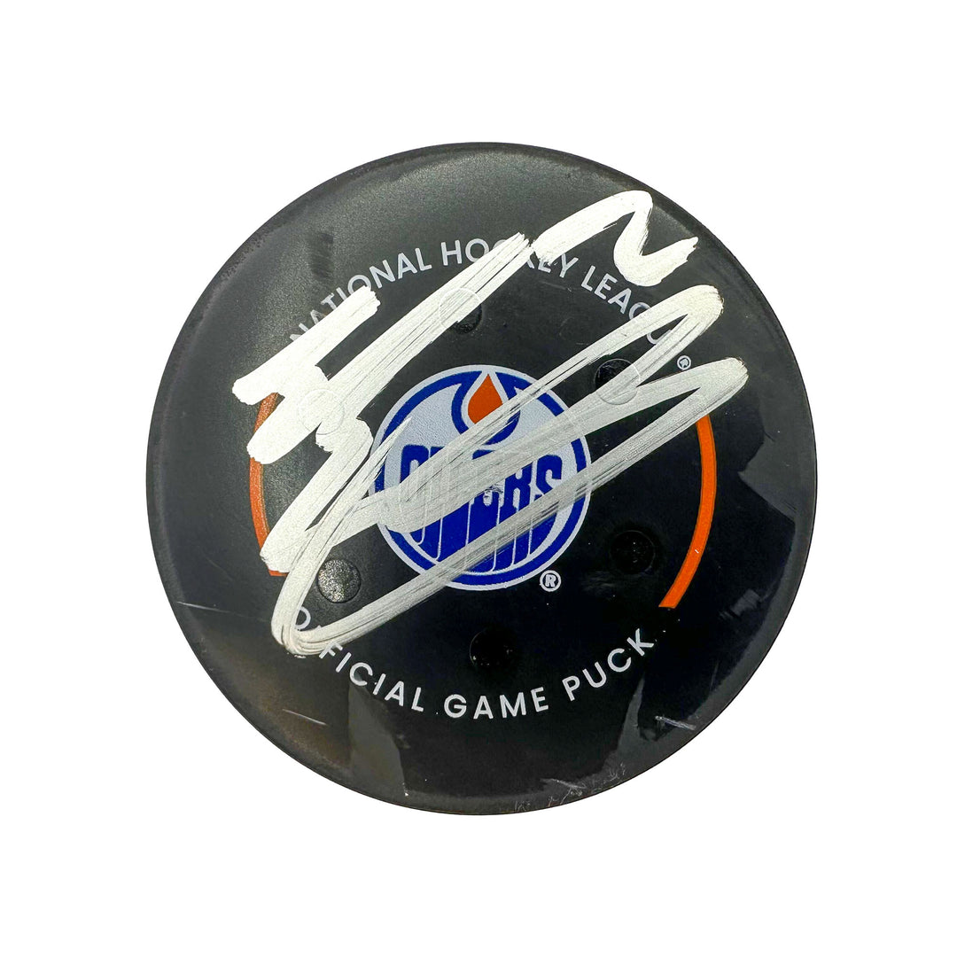 Evan Bouchard Edmonton Oilers Autographed Goal Puck - Mar. 28/2024 vs Los Angeles Kings #24549