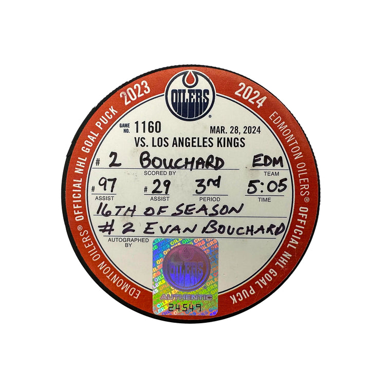 Evan Bouchard Edmonton Oilers Autographed Goal Puck - Mar. 28/2024 vs Los Angeles Kings #24549