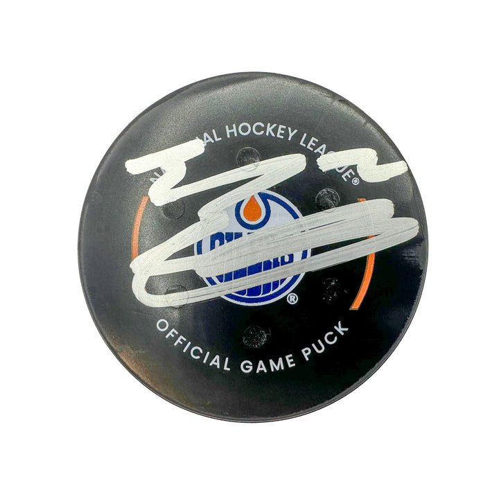 Evan Bouchard Edmonton Oilers Autographed Playoff Goal Puck - May. 12/2024 vs Vancouver Canucks #24589