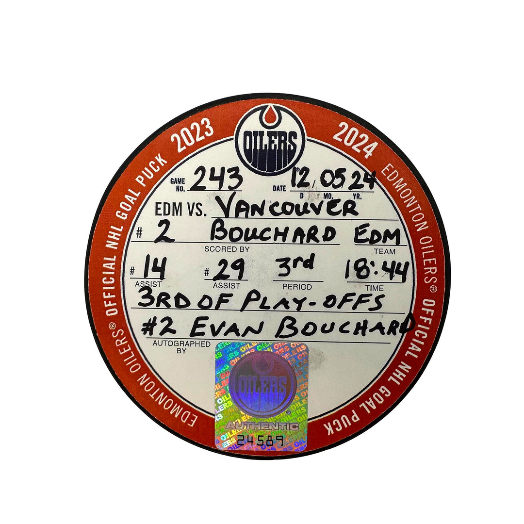 Evan Bouchard Edmonton Oilers Autographed Playoff Goal Puck - May. 12/2024 vs Vancouver Canucks #24589