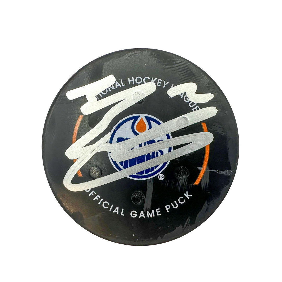 Evan Bouchard Edmonton Oilers Autographed Playoff Goal Puck - May. 18/2024 vs Vancouver Canucks #24595