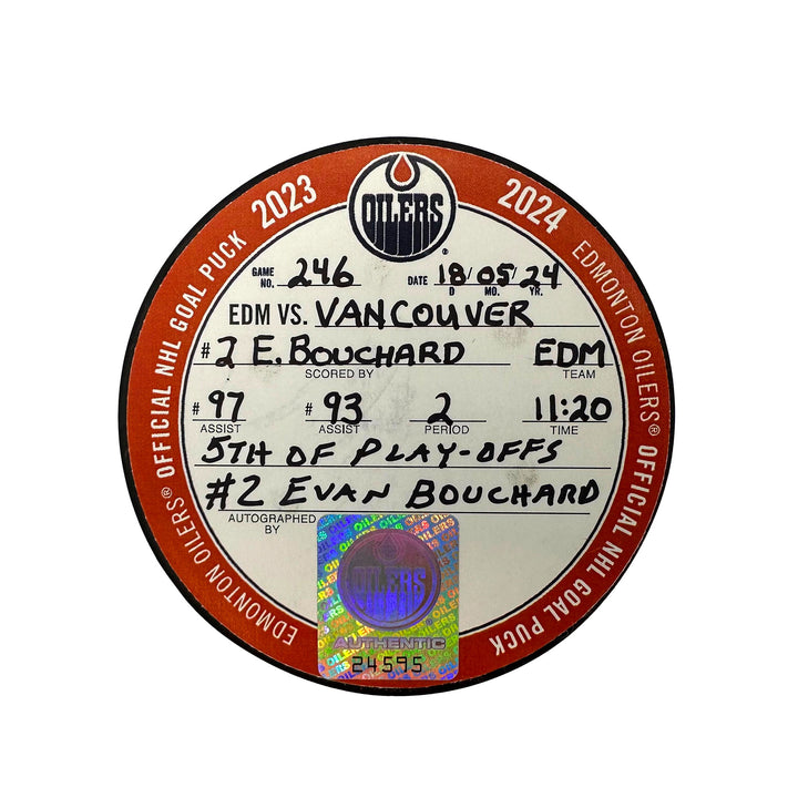 Evan Bouchard Edmonton Oilers Autographed Playoff Goal Puck - May. 18/2024 vs Vancouver Canucks #24595