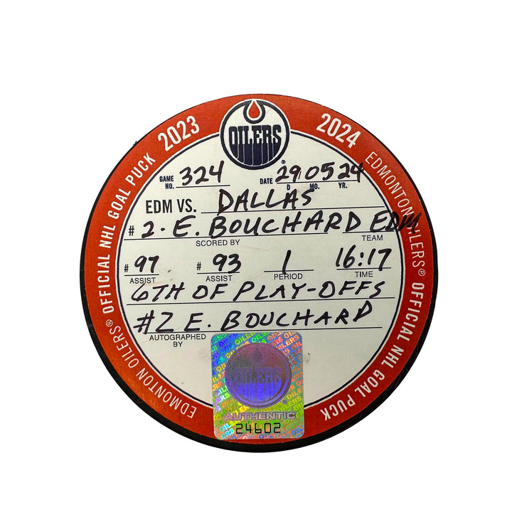 Evan Bouchard Edmonton Oilers Autographed Playoff Goal Puck - May. 29/2024 vs Dallas Stars #24602