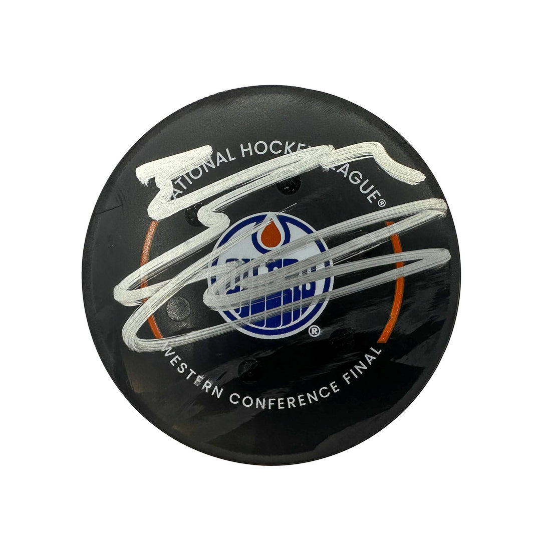 Evan Bouchard Edmonton Oilers Autographed Playoff Goal Puck - May. 29/2024 vs Dallas Stars #24602