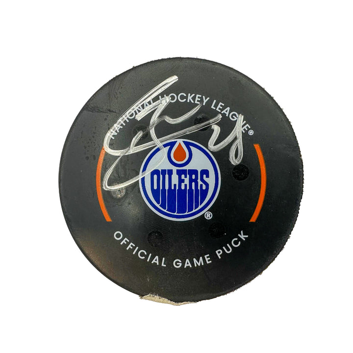 Connor Brown Edmonton Oilers Autographed Preseason Goal Puck - Oct. 4/2023 vs Calgary Flames #24121