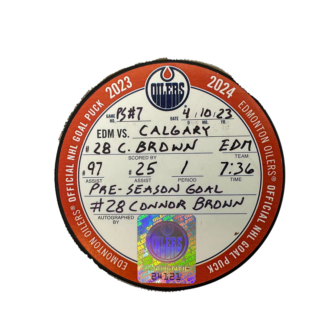 Connor Brown Edmonton Oilers Autographed Preseason Goal Puck - Oct. 4/2023 vs Calgary Flames #24121