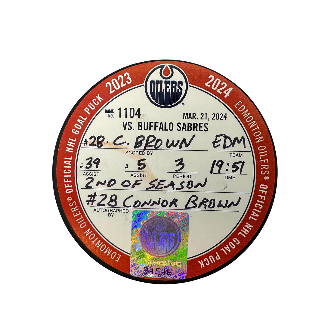 Connor Brown Edmonton Oilers Autographed Goal Puck - Mar. 21/2024 vs Buffalo Sabres #24546