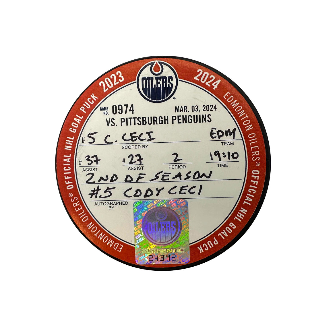 Cody Ceci Edmonton Oilers Autographed Goal Puck - Mar. 3/2024 vs Pittsburgh Penguins #24392