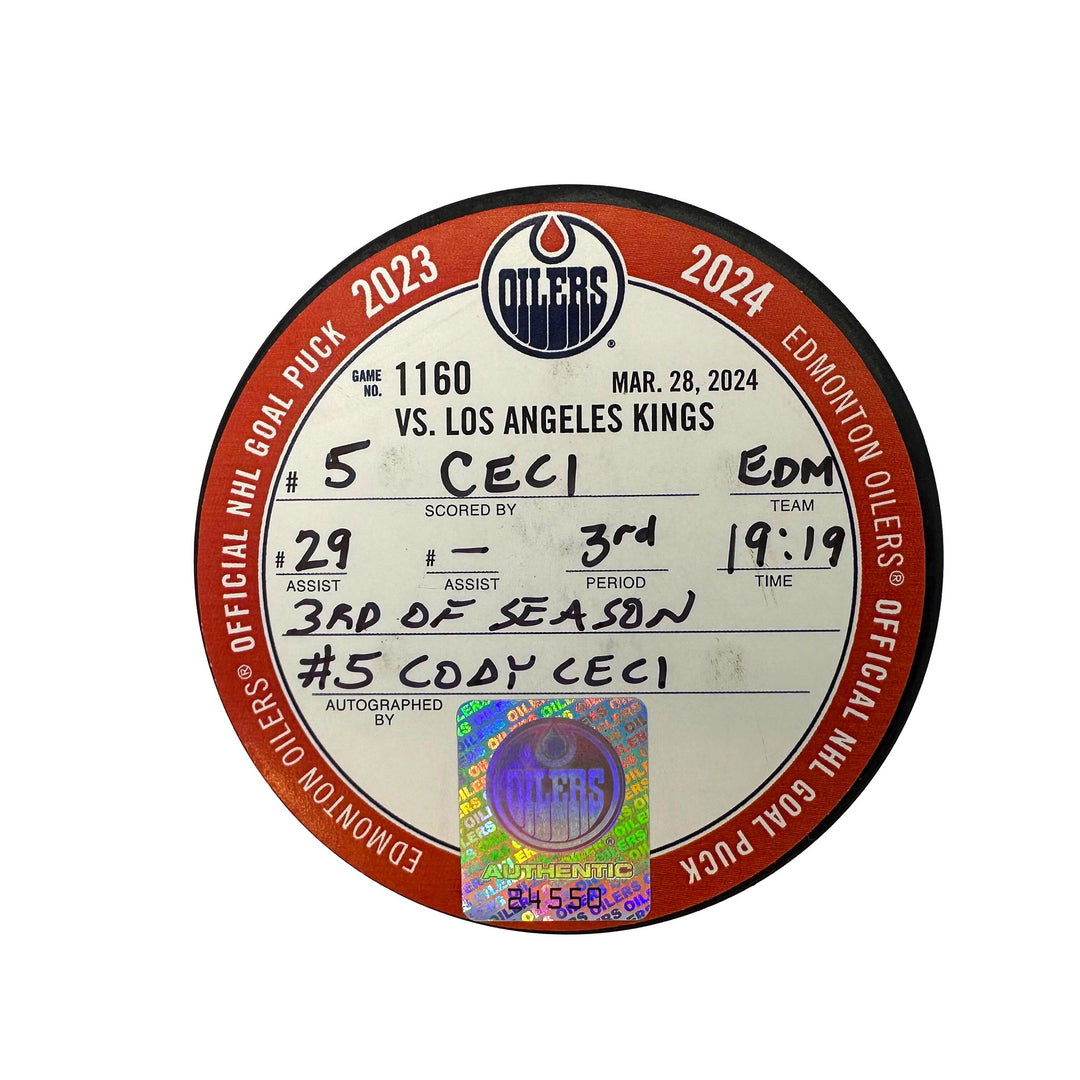 Cody Ceci Edmonton Oilers Autographed Goal Puck - Mar. 28/2024 vs Los Angeles Kings #24550