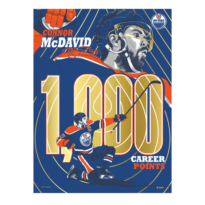 Connor McDavid Edmonton Oilers 1,000 Career NHL Points Milestone 18" x 24" Gold Foil Serigraph Print LE /300