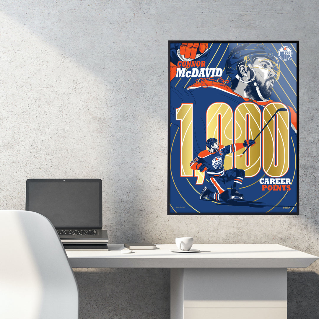 Connor McDavid Edmonton Oilers 1,000 Career NHL Points Milestone 18" x 24" Gold Foil Serigraph Print LE /300