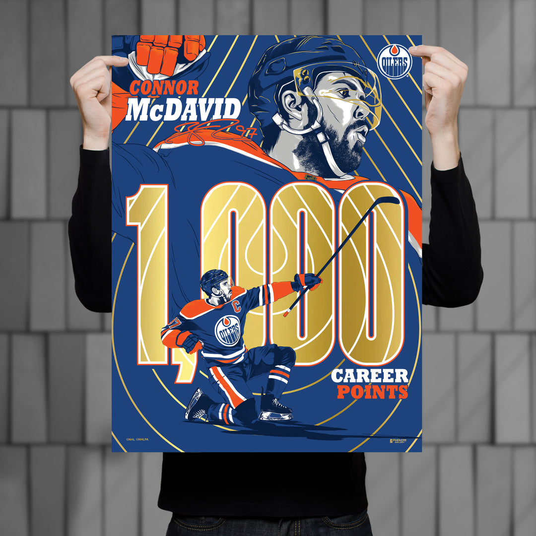 Connor McDavid Edmonton Oilers 1,000 Career NHL Points Milestone 18" x 24" Gold Foil Serigraph Print LE /300