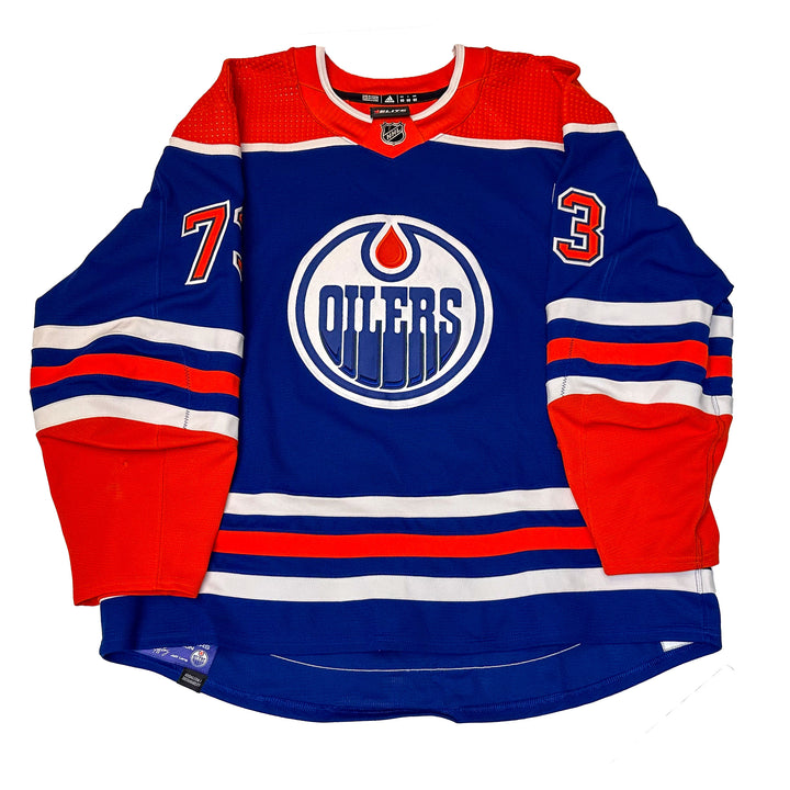 Vincent Desharnais Edmonton Oilers Game Worn Jersey - 2023-24 Playoffs Royal Blue Set #1 - B00539