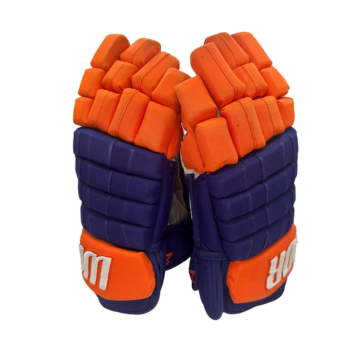 Leon Draisaitl Oilers Signed Game Worn 2023-24 Warrior Royal Hockey Gloves #22309