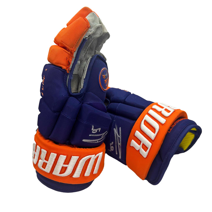 Leon Draisaitl Oilers Signed Game Worn 2023-24 Warrior Royal Hockey Gloves #22309