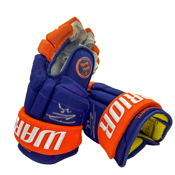 Leon Draisaitl Oilers Signed Game Worn 2023-24 Warrior Royal Hockey Gloves #22316