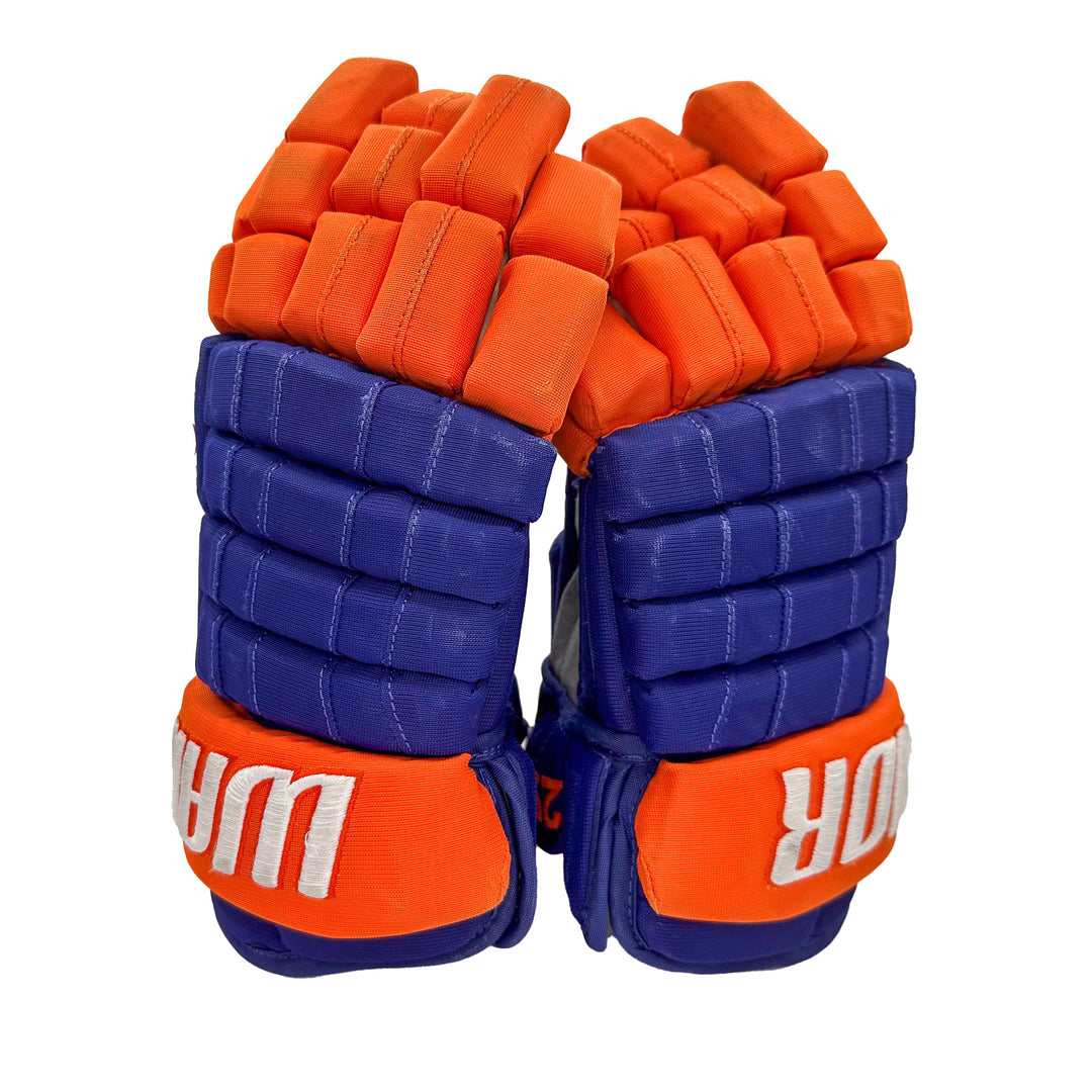 Leon Draisaitl Oilers Signed Game Worn 2023-24 Warrior Royal Hockey Gloves #22316