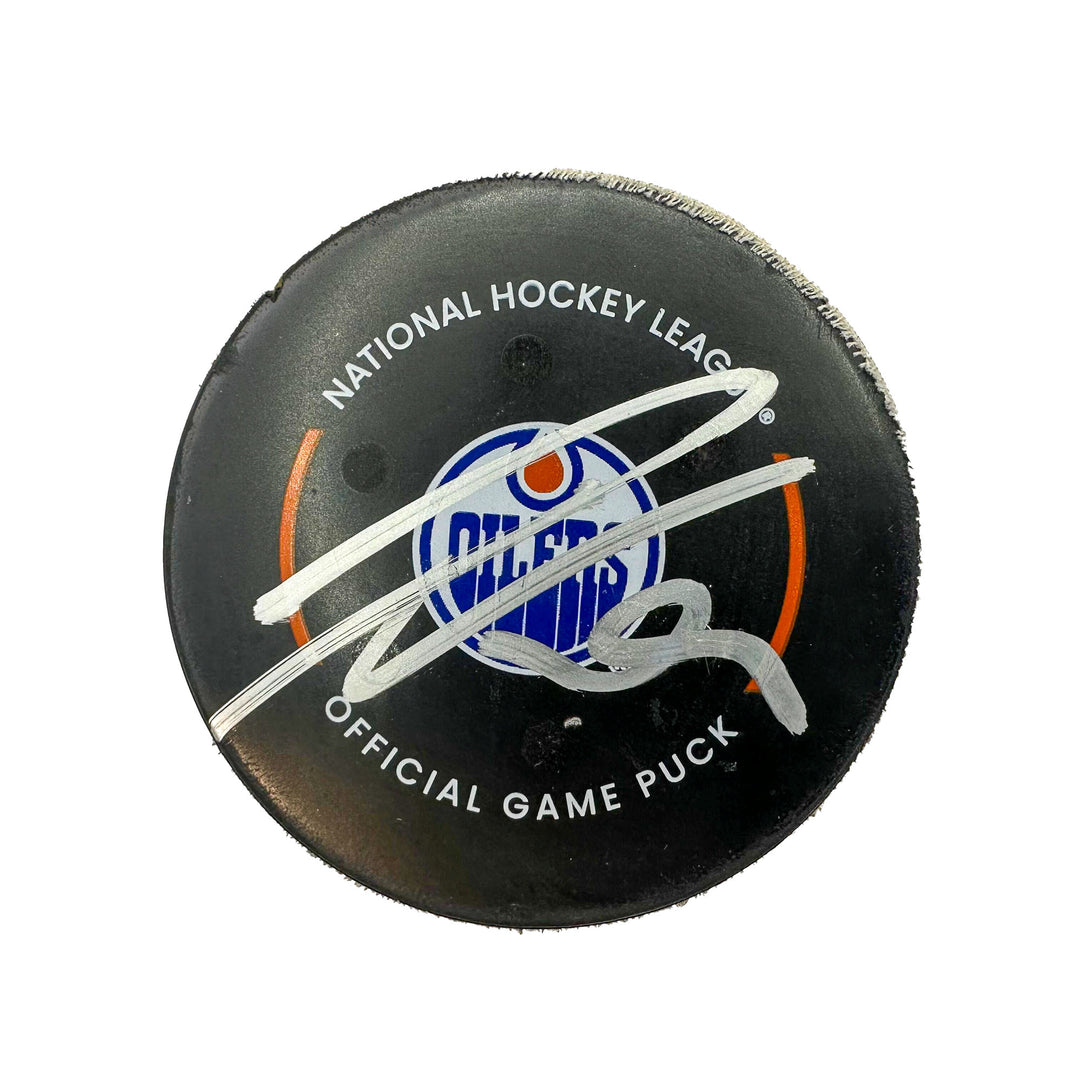 Leon Draisaitl Edmonton Oilers Autographed Preseason Goal Puck - Oct. 4/2023 vs Calgary Flames #24123