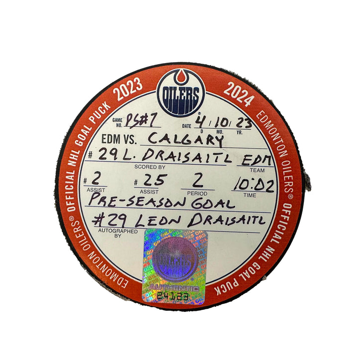 Leon Draisaitl Edmonton Oilers Autographed Preseason Goal Puck - Oct. 4/2023 vs Calgary Flames #24123