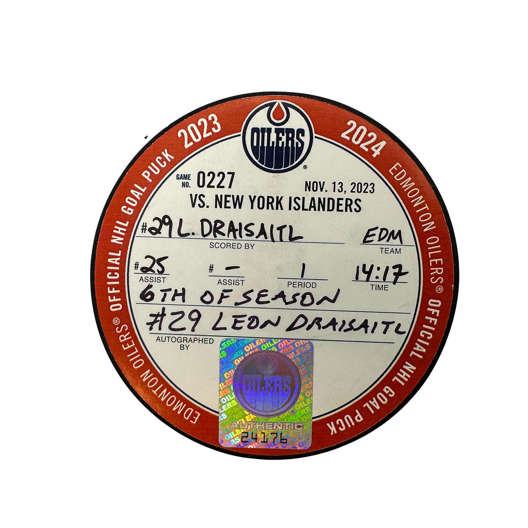 Leon Draisaitl Edmonton Oilers Autographed Goal Puck - Nov. 13/2023 vs New York Islanders #24176