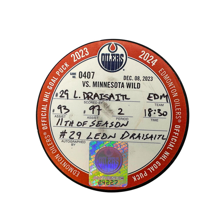 Leon Draisaitl Edmonton Oilers Autographed Goal Puck - Dec. 8/2023 vs Minnesota Wild #24227