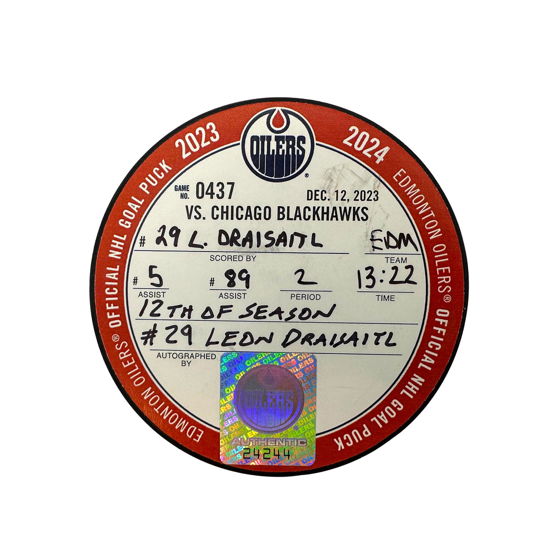 Leon Draisaitl Edmonton Oilers Autographed Goal Puck - Dec. 12/2023 vs Chicago Blackhawks #24244