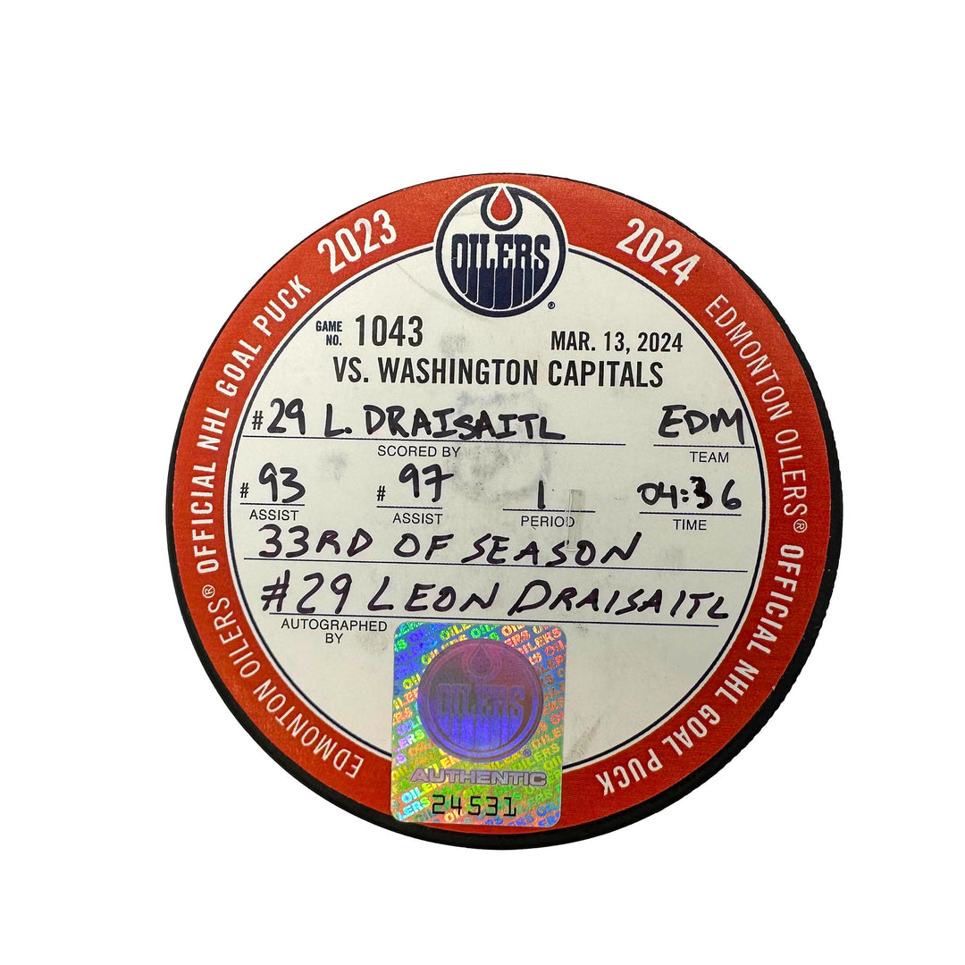 Leon Draisaitl Edmonton Oilers Autographed Goal Puck - Mar. 13/2024 vs Washington Capitals #24531