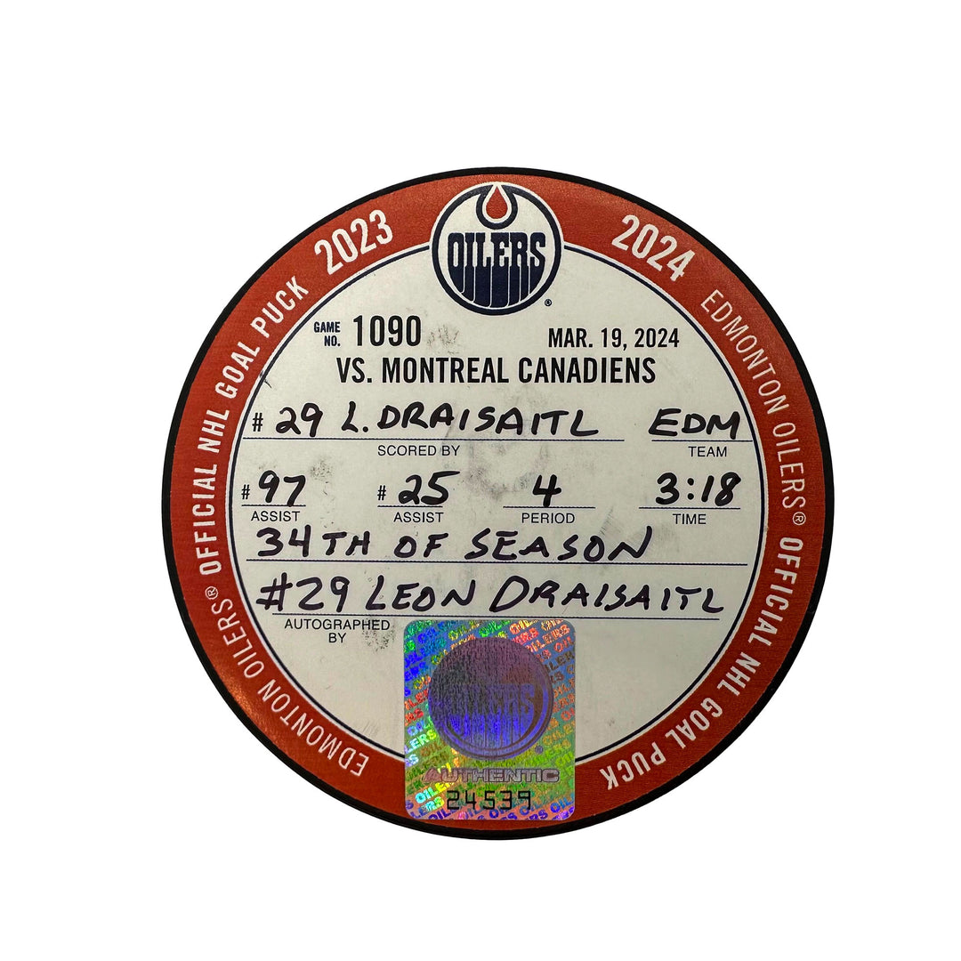 Leon Draisaitl Edmonton Oilers Autographed Goal Puck - Mar. 19/2024 vs Montreal Canadiens #24539