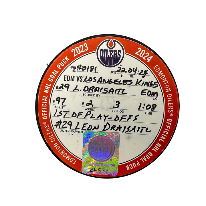 Leon Draisaitl Edmonton Oilers Autographed Playoff Goal Puck - Apr. 22/2024 vs Los Angeles Kings #24577