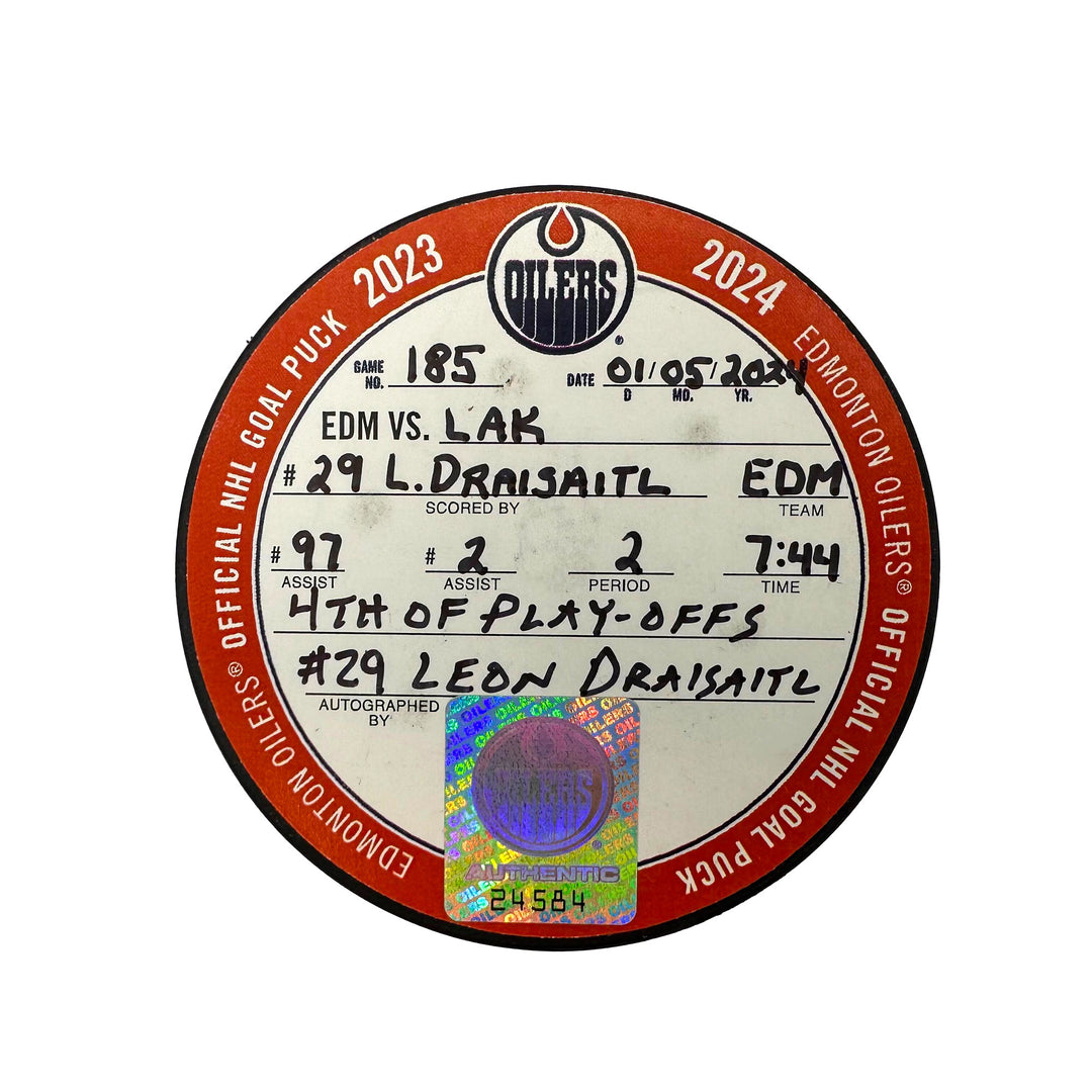 Leon Draisaitl Edmonton Oilers Autographed Playoff Goal Puck - May. 1/2024 vs Los Angeles Kings #24584