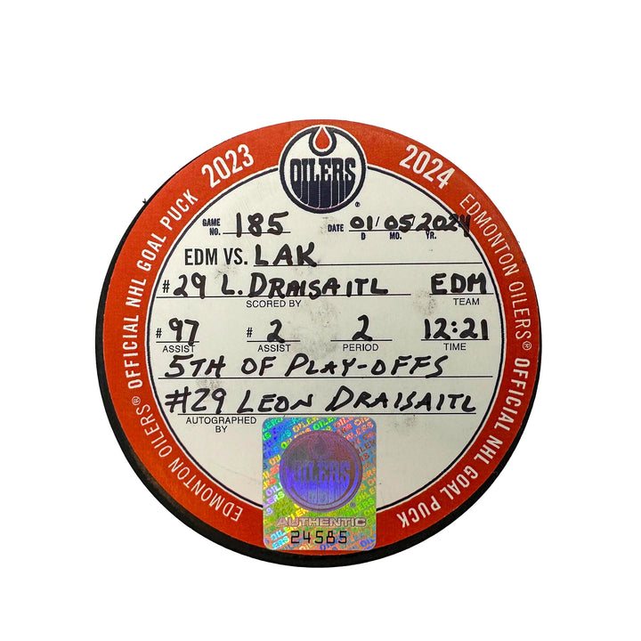 Leon Draisaitl Edmonton Oilers Autographed Playoff Goal Puck - May. 1/2024 vs Los Angeles Kings #24585