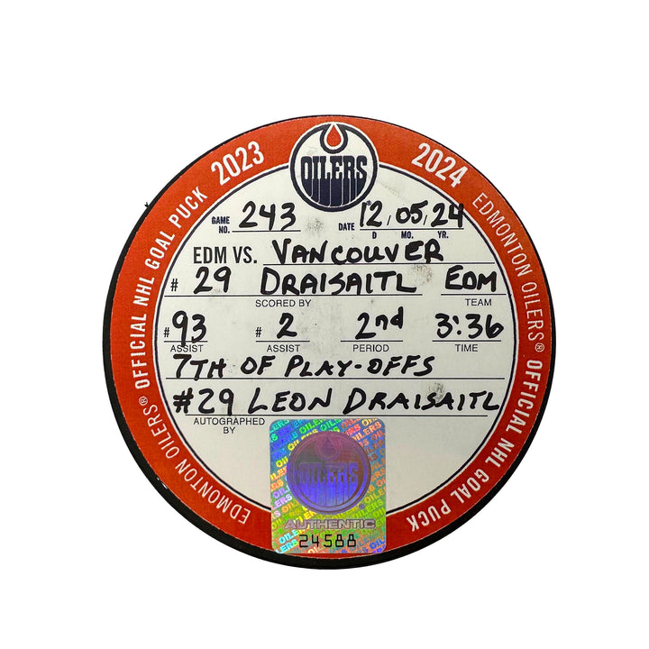 Leon Draisaitl Edmonton Oilers Autographed Playoff Goal Puck - May. 12/2024 vs Vancouver Canucks #24588