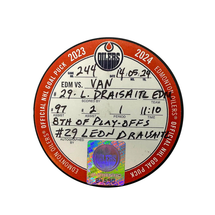 Leon Draisaitl Edmonton Oilers Autographed Playoff Goal Puck - May. 14/2024 vs Vancouver Canucks #24590