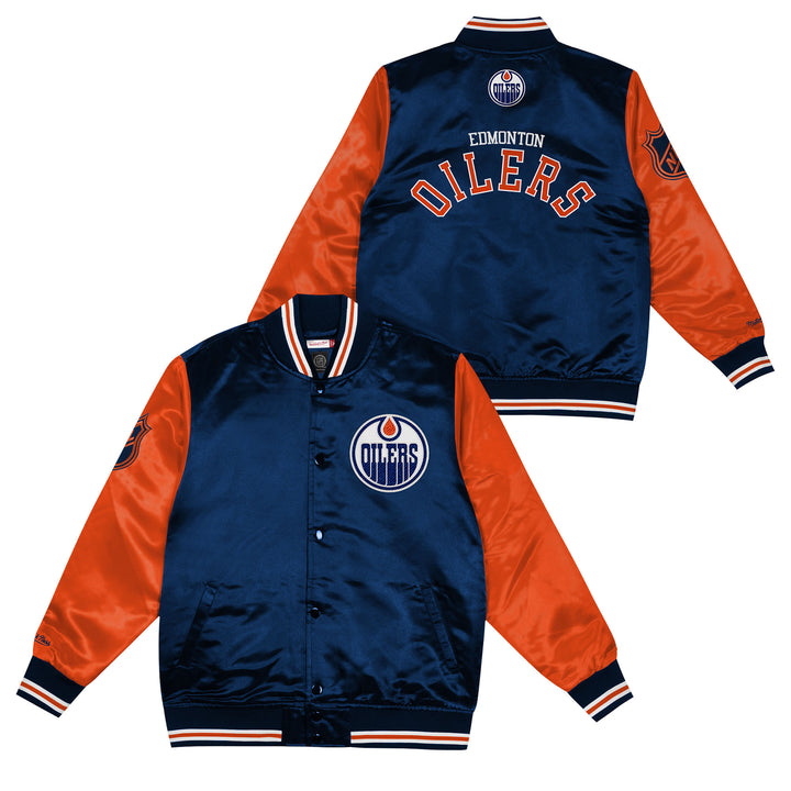 Edmonton Oilers Kids Mitchell & Ness Blue & Orange Prime Time Satin Jacket