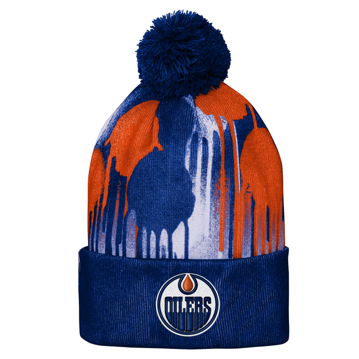 Edmonton Oilers Kids Outerstuff Navy & Orange Paint Splatter Cuffed Knit Toque w/ Pom