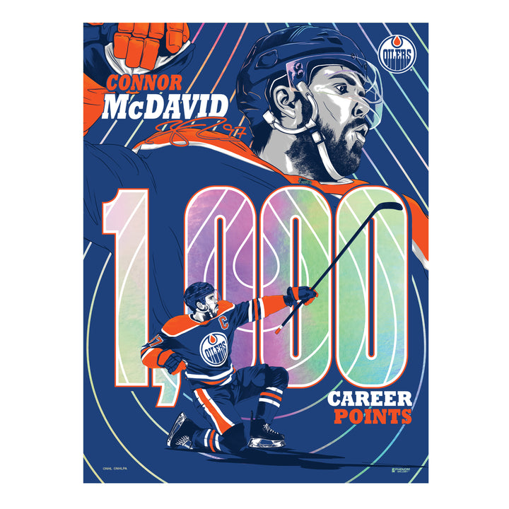 Connor McDavid Edmonton Oilers 1,000 Career NHL Points Milestone 18" x 24" Foil Serigraph Print PRINTER PROOF /55