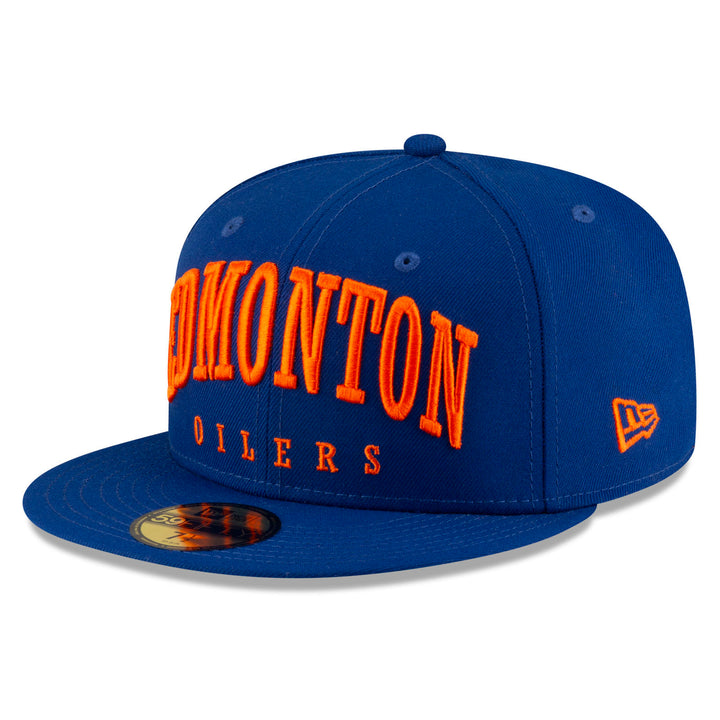 Edmonton Oilers New Era Royal Blue Text 59FIFTY Primary Logo Fitted Hat