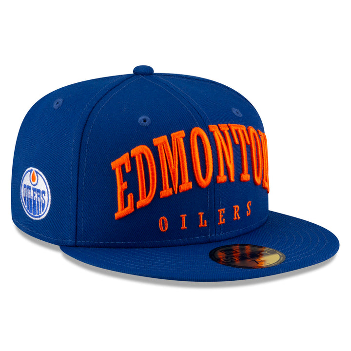 Edmonton Oilers New Era Royal Blue Text 59FIFTY Primary Logo Fitted Hat