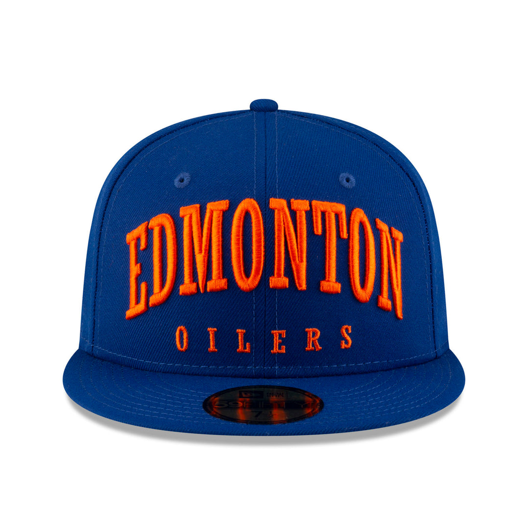 Edmonton Oilers New Era Royal Blue Text 59FIFTY Primary Logo Fitted Hat