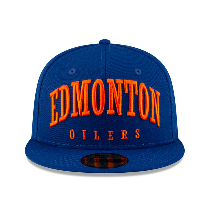 Edmonton Oilers New Era Royal Blue Text 59FIFTY Primary Logo Fitted Hat