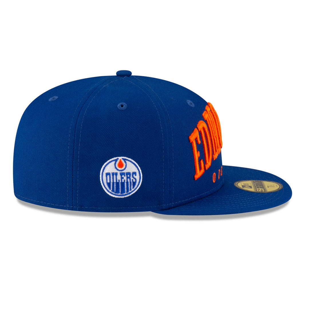 Edmonton Oilers New Era Royal Blue Text 59FIFTY Primary Logo Fitted Hat