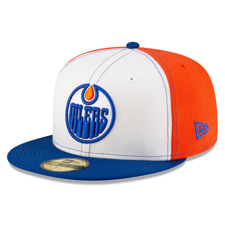 Edmonton Oilers New Era Tri-Panel White/Orange/Blue 59FIFTY Fitted Logo Hat